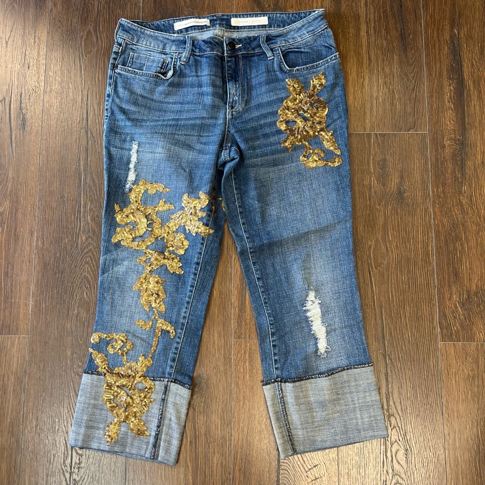 Anthropologie Pilcro gold sequin floral embellished wide cuff distressed jean 30 - Picture 4 of 10